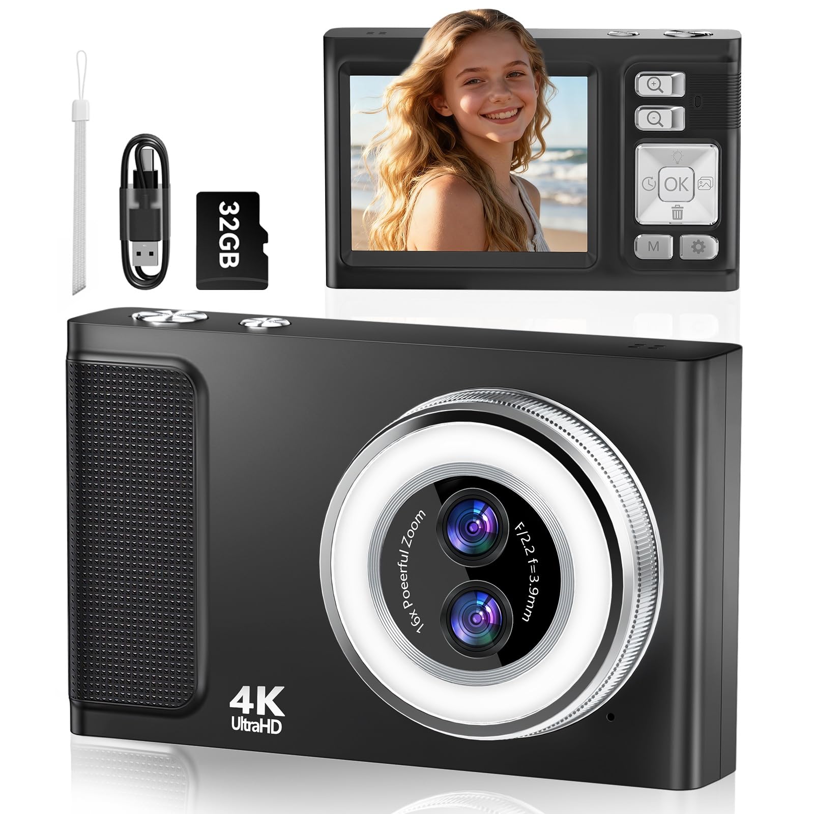 Macchina Fotografica, Digitale Compatta 16X, 4K Fotocamera Digitale con Scheda TF da 32GB, Perfetta per Fotografi Principianti, Appassionati e Adolescenti, Compleanni-Nero