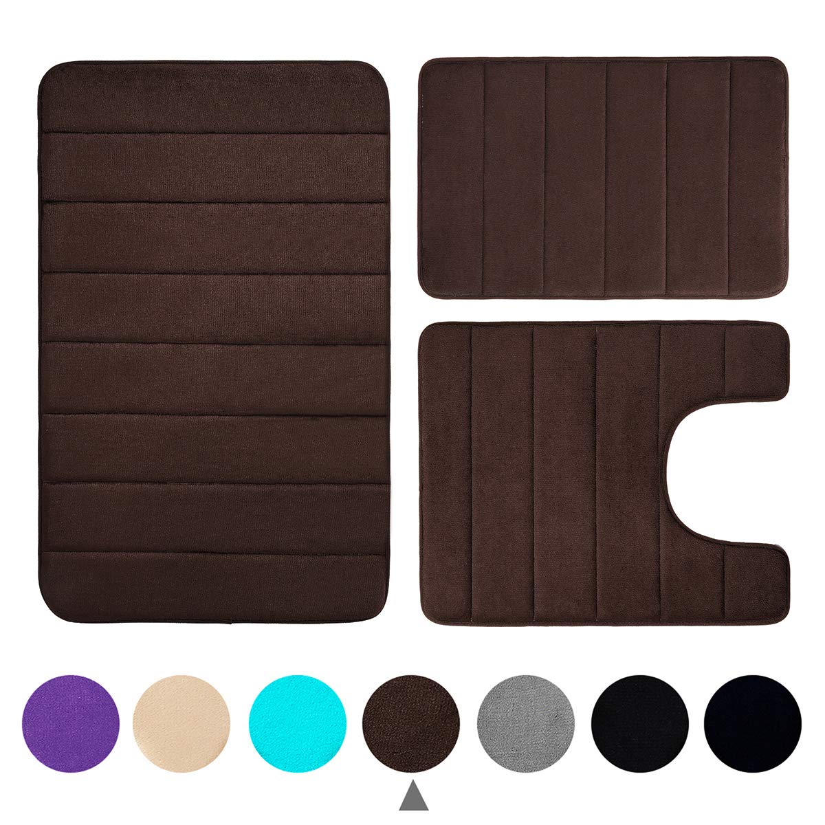Buganda Memory Foam 3 Pieces Bathroom Rugs Set - Thick Soft Absorbent Non-Slip Bath Mats, Washable Small/Large/Contour Bath Rugs, Coffee