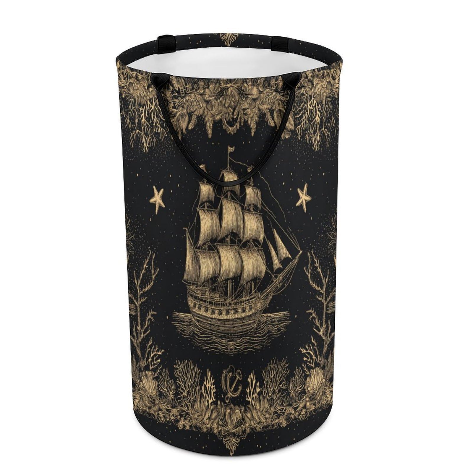 LUYYSKY Rustic Black Gold Ocean Collapsible Dirty Clothes Basket, Oil Painting Nautical Coastal Sailing Ship See Turtle Starfish Portable Clothes Storage Basket
