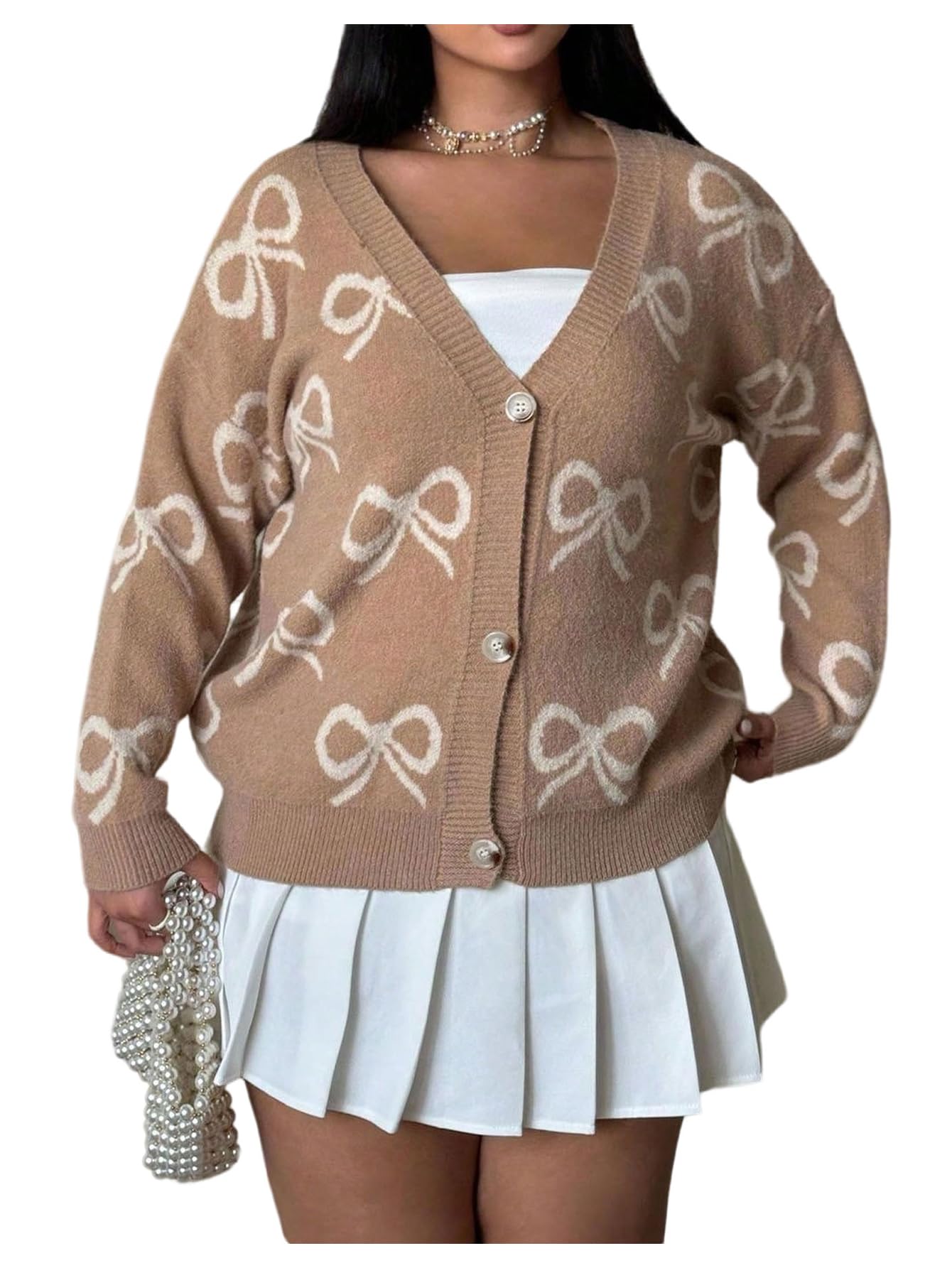 Womens Plus Size Bow Cardigan Sweaters Long Sleeve V Neck Button Down Loose Outerwear