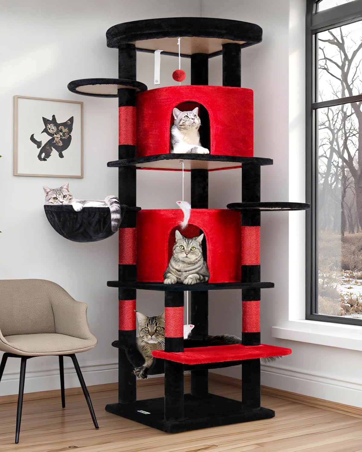 Globlazer Gothic Corner Cat Tree Tower for Large Cat, 66inch Tall Large Goth Cat Tree for Multiple Indoor Cats with 6 Scratching Posts, 2 Spacious Condos, Soft Hammock, Hanging Basket, C66, Red Black 66inch Red Black