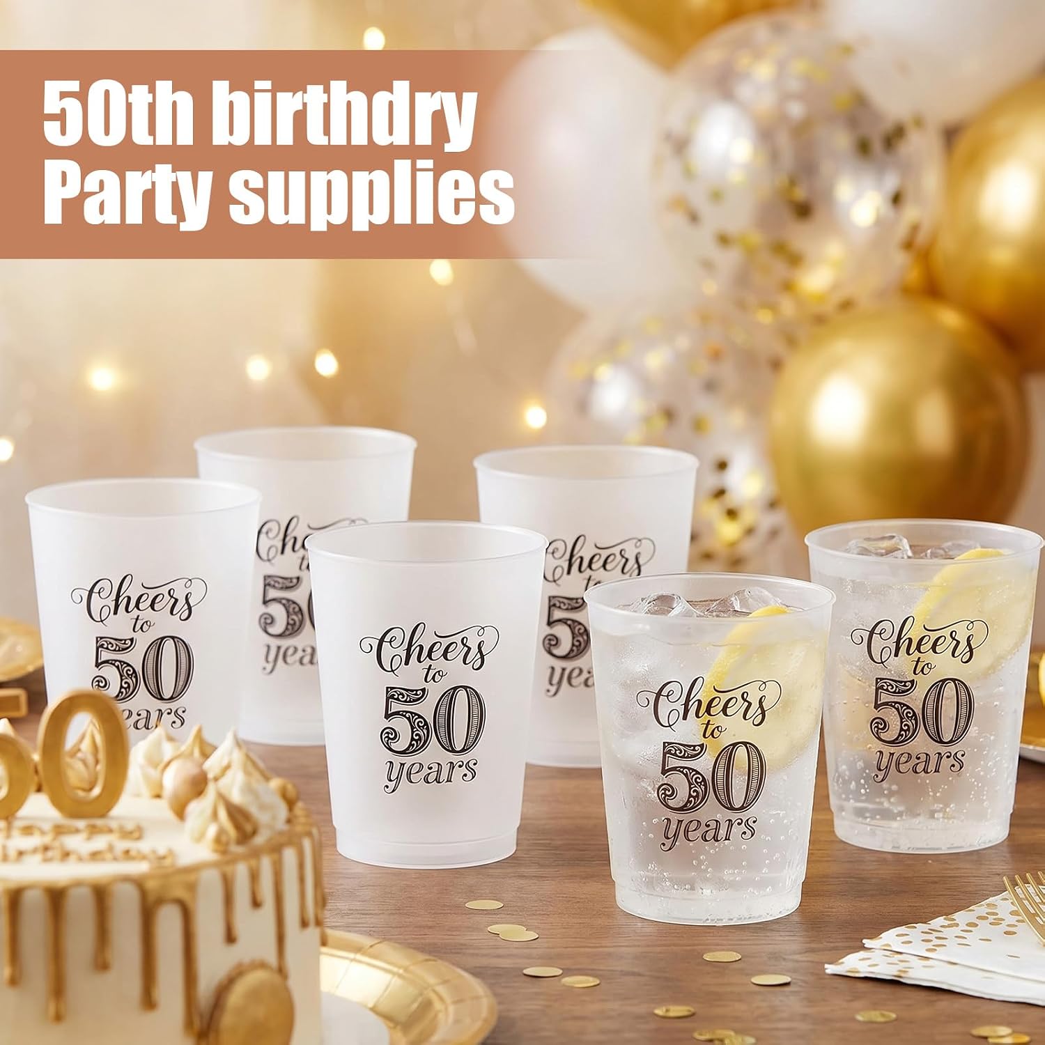50 Pack 50th Birthday Cups, 12 oz Frosted Disposable Plastic Cups for Celebration, Cheers to 50 Years Party Supplies, Anniversary Decorations and Bulk Party Favors