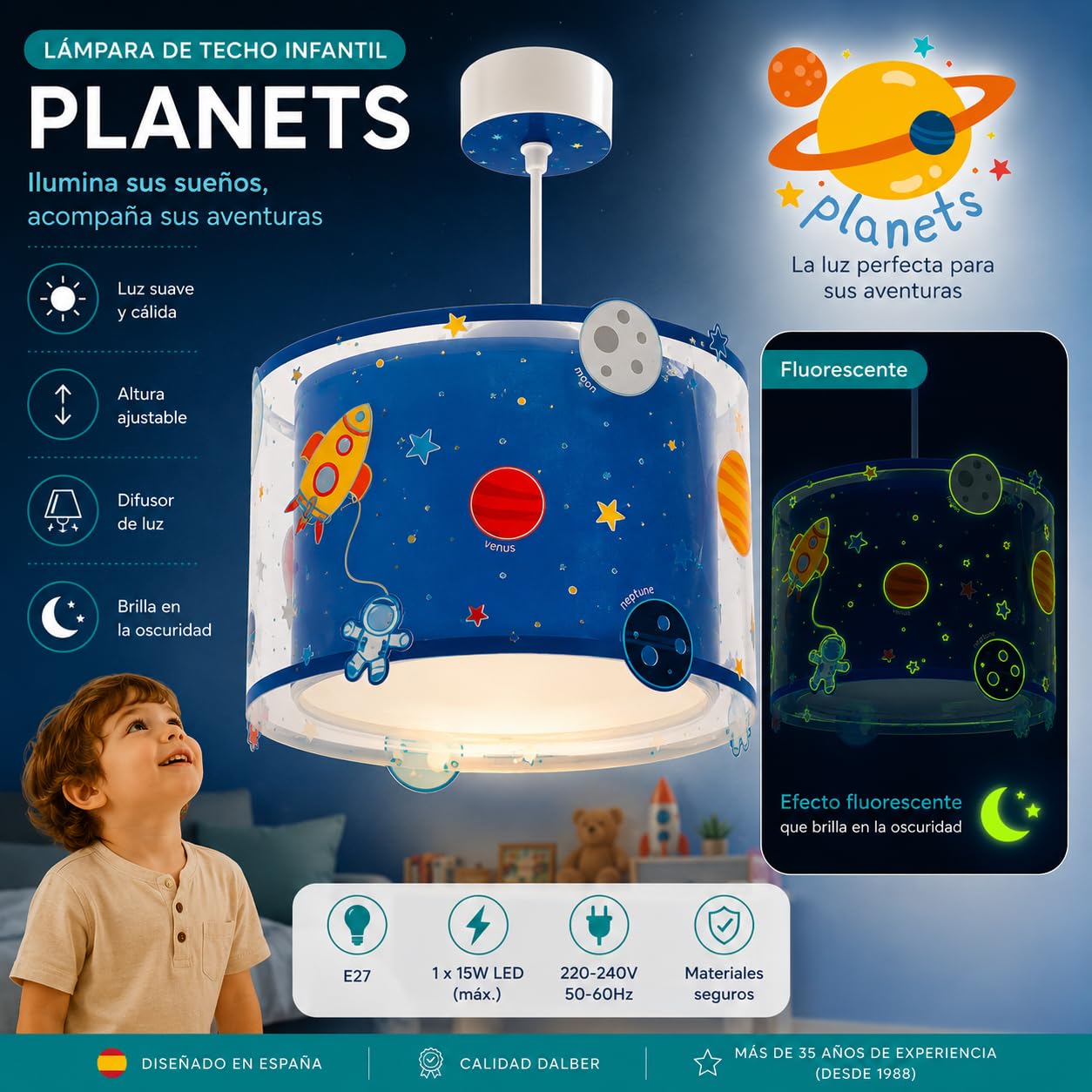 Dalber Lámpara Techo Colgante Infantil Planets Sistema Solar Azul 41342M | Incluye difusor de luz inferior extraible; Habitación niños; lámparas infantiles
