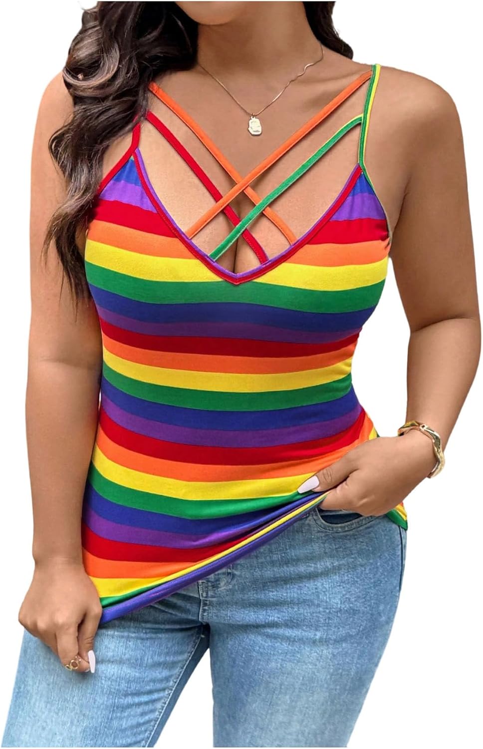 Floerns Women's Plus Size Criss Cross Sleeveless Cami Top Spaghetti Strap Slim Fit Going Out Tops