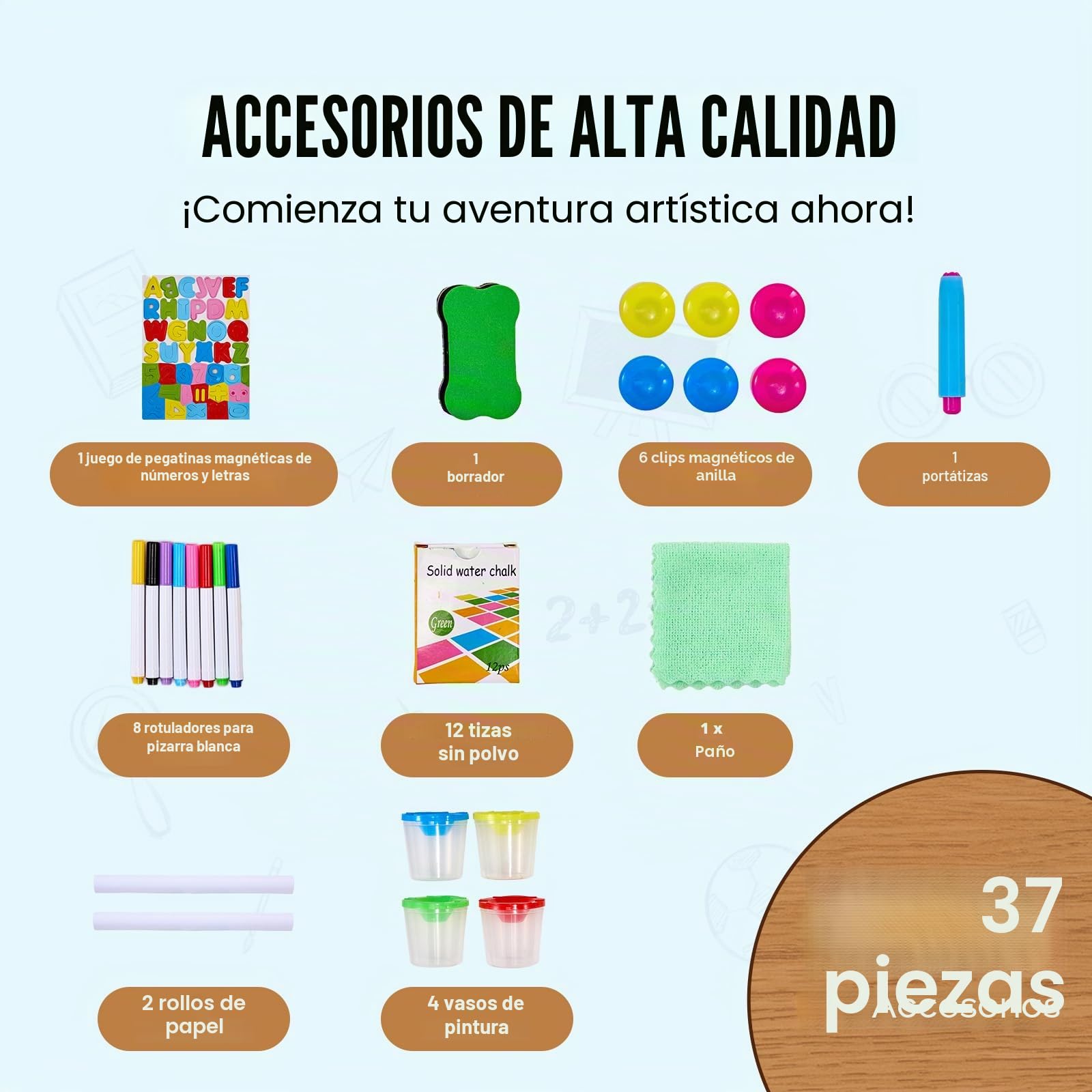 VEVOR 3 en 1 Caballete de Arte Caballete de Madera de Doble Cara para Niños con Pizarra Magnética, Pizarra y Rollo de Papel, Tablero de Dibujo Ajustable con Accesorios de Pintura para Niños