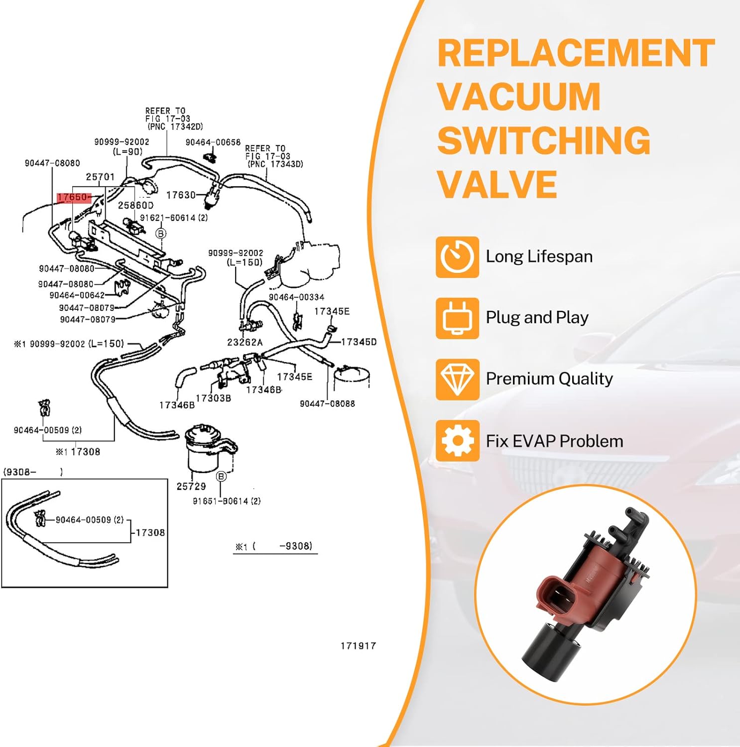 25860-62010 Toyota Vacuum Switching Valve Solenoid VSV Replacement for 1992-2007 Toyota Camry Sienna Avalon Highlander Solora 92-06 Lexus ES RX 300 330 3.0 3.3L Replace 911-612 EGR Vacuum Switch Valve