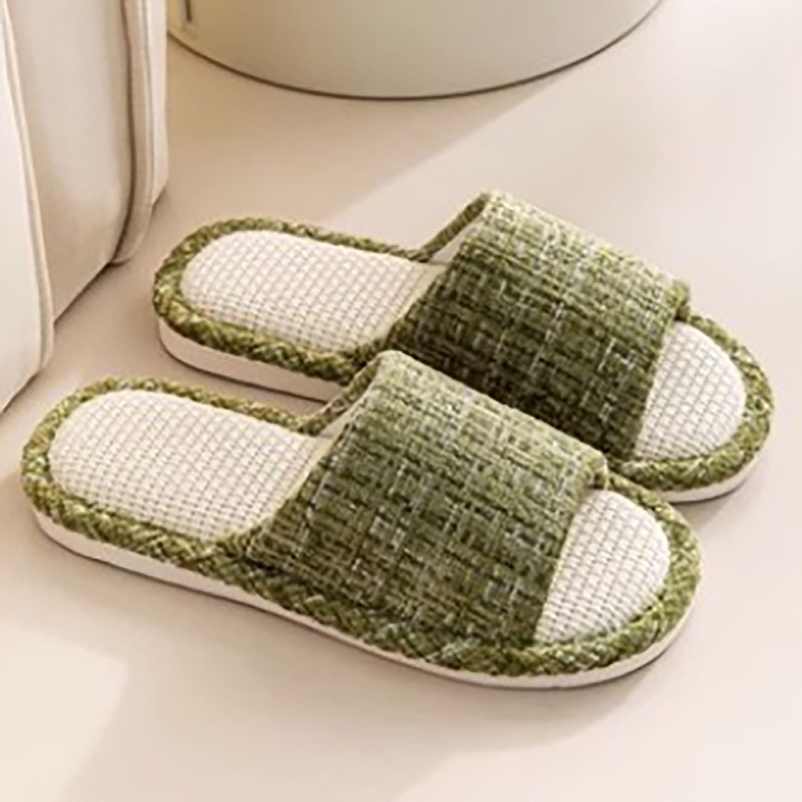 Pantuflas de verano para mujer, pantuflas de lino, pantuflas de algodón, pantuflas peep toe para el hogar, antideslizantes, pantuflas de fieltro, pantuflas para invitados