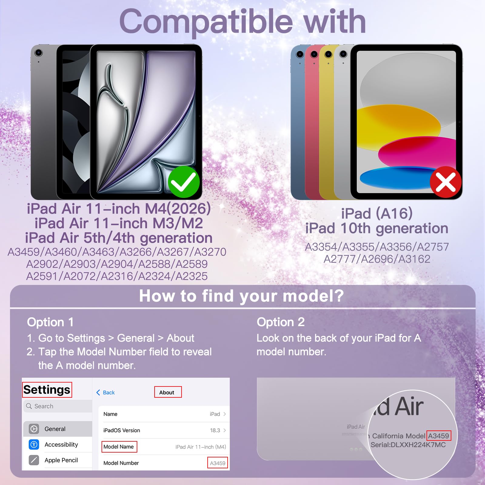 JETech Glitter Etui do iPad Air 11 Cala M4/M3/M2 (2026/2025/2024), iPad Air 5/4 (2022/2020 5./4.) z Pencil Uchwyt, Urocze Błyszczące Szczupły Osłona dla Dzieci i Dziewcząt (Fioletowy)