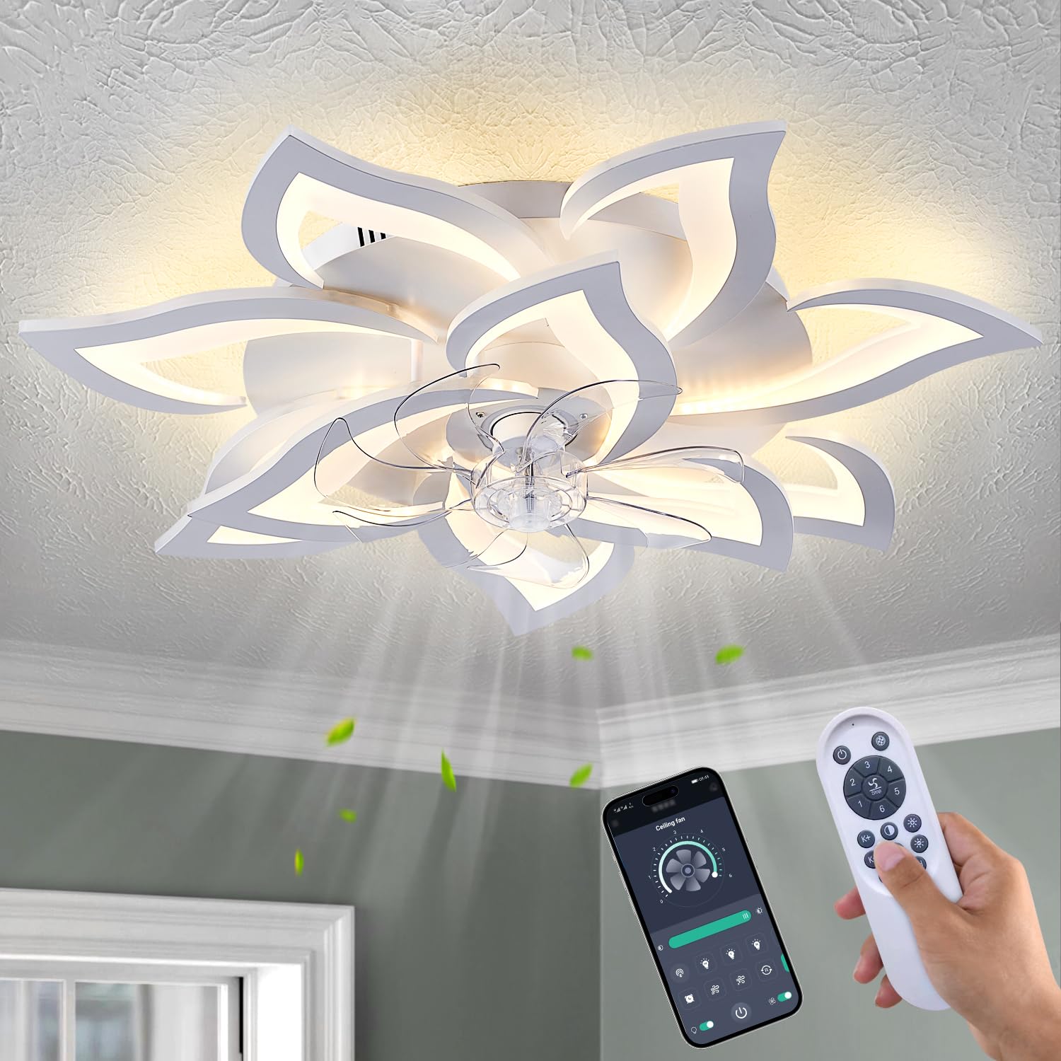 Ruibutrade 32inch White Flower Modern Ceiling Fans with Lights, Low Profile Ceiling Fan with Remote for Bedroom, Flush Mount Ceiling Fan with LED