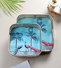 Two Moustaches Square Shaped Peacock Under Tree Design Serving Tray Set (8 Inches & 10 Inches),Serving Plates for Home, Platters for Tea/Fruits/Snacks, Decorative Pichwai Tray, Multicolored, Pack of 2