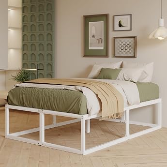 EMODA 46 cm High Double Bed 120 x 200 cm Sturdy Metal Bed with Steel Mesh Carrier Large Storage Space Under the Bed Frame Noise-Free Easy Assembly White