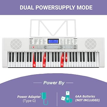 61 Key Electronic Keyboard Piano with Lighted up Keys,LCD,Headphones,X-Stand,Stool,Music Rest,Microphone,Note Stickers,Built-In Speakers,3 Teaching Modes,Ideal for Beginner Adult (White)