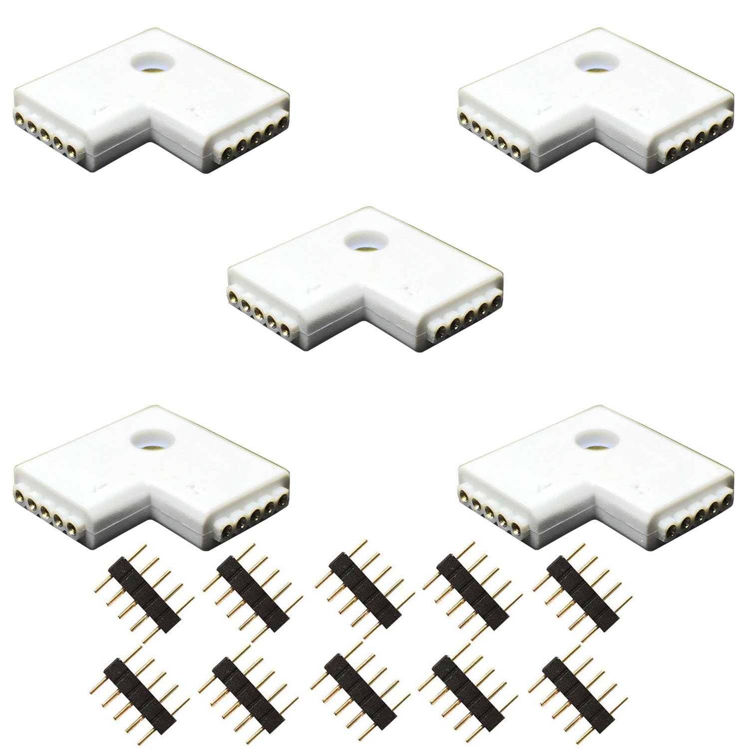 5X SMD5050 RGBW LED Strip L-Shape Corner Connector Flexible Color Changing RGBWW 5Pin LED Stripe Solderless Right Angle L Quick Connector Adapter with Male Plugs