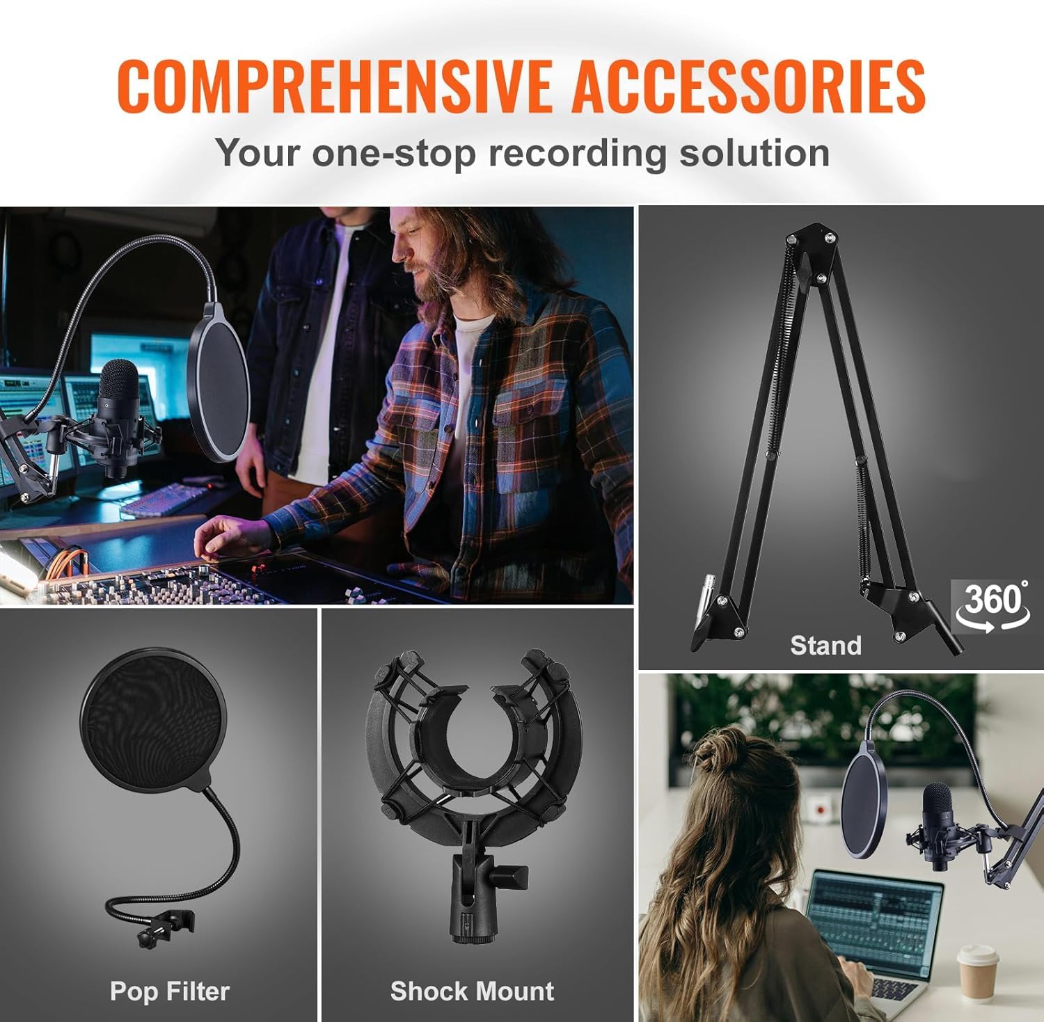 Micrófono USB, 192 kHz/24 bits, kit de micrófono de condensador profesional, con soporte de brazo de brazo, filtro pop, montaje de choque, botón de silencio, conector para auriculares, para grabación