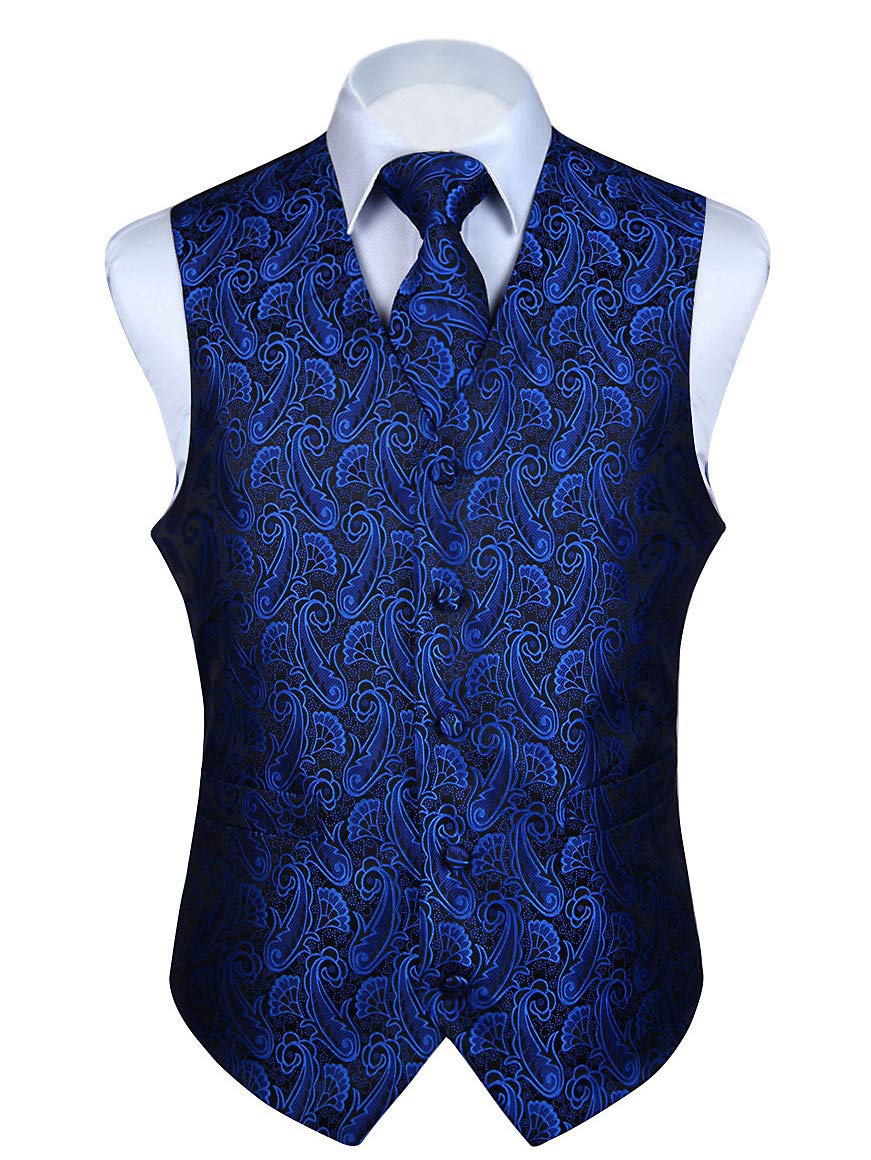 HISDERN 3PC Men's Paisley Floral Jacquard Suit Vest & Necktie and Pocket Square Formal Waistcoat for Tuxedo Wedding Party