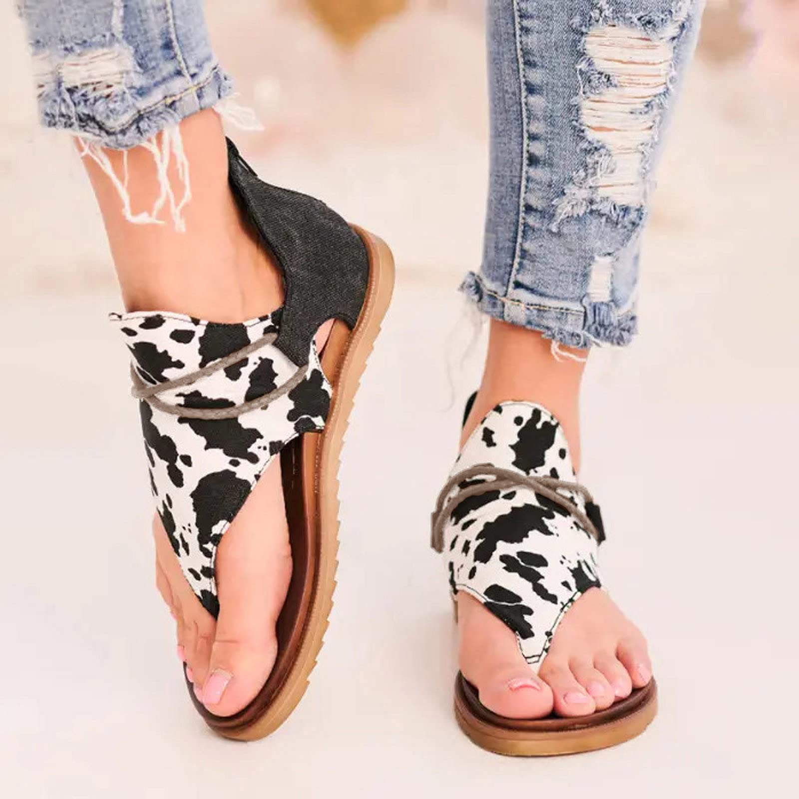 kakina CMSX Women Summer Gladiator Sandals for Dressy Flats Sunflower Printed Flip Flop Sandals with Back Zipper Slip-on Open Toe Casual Sandals T Strap Walking Slides Sandals