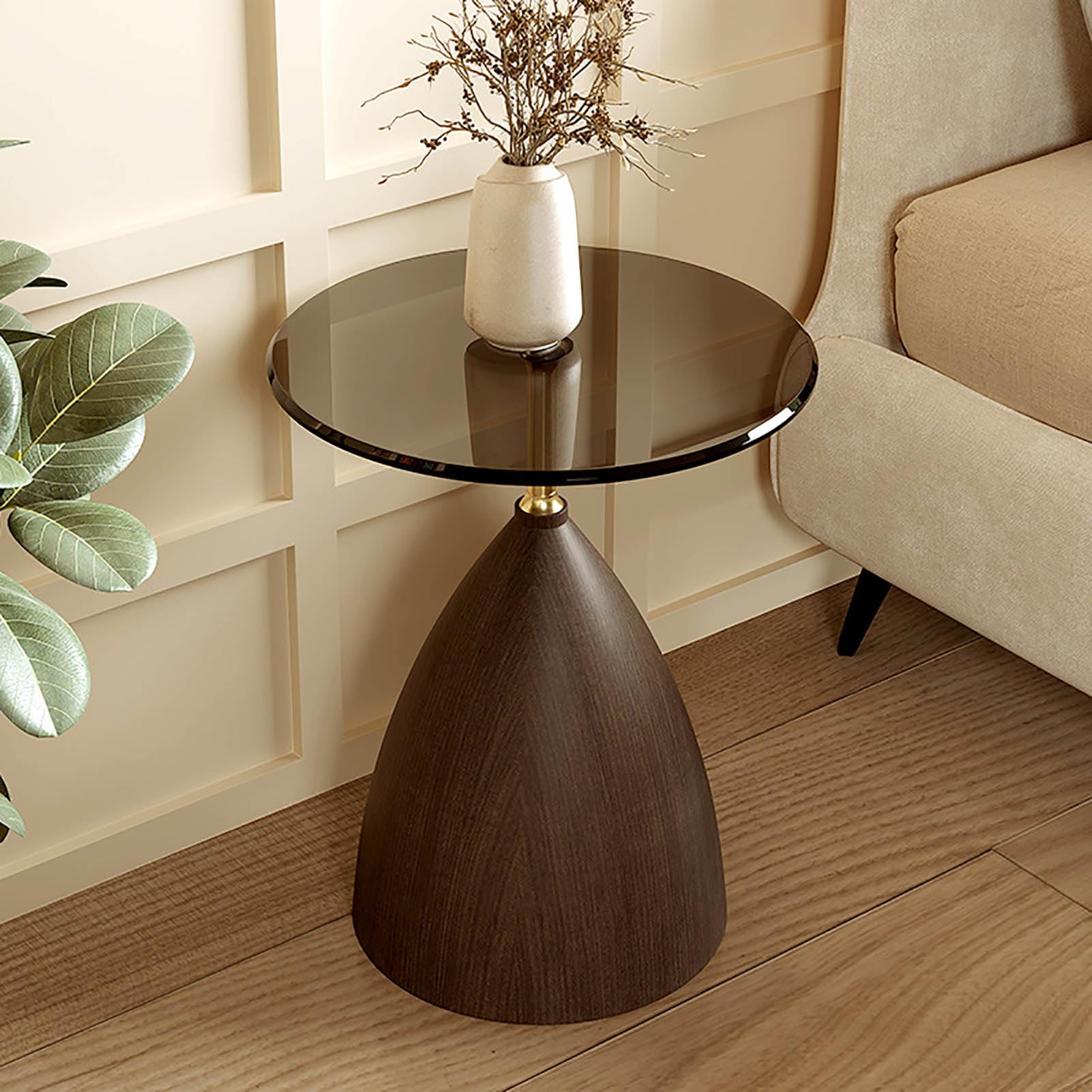 SXZenSpace Modern Round Side Table,Wooden Base Small End Table with Glass tabletop Living Room Accent for Spaces, Bedroom,A,45x53cm(18x21inch)