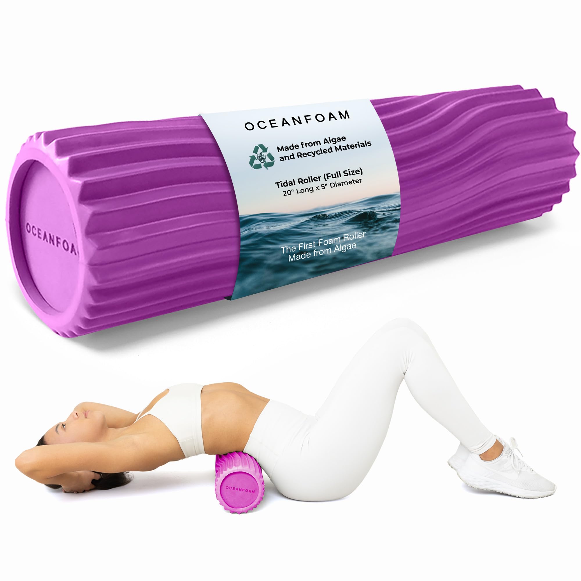 Oceanfoam Magenta Tidal Roller - Rodillo ergonómico de espuma para masaje muscular miofascial de espalda con textura de onda ancha - Yoga, atletismo, rigidez corporal, estiramiento, ejercicios de
