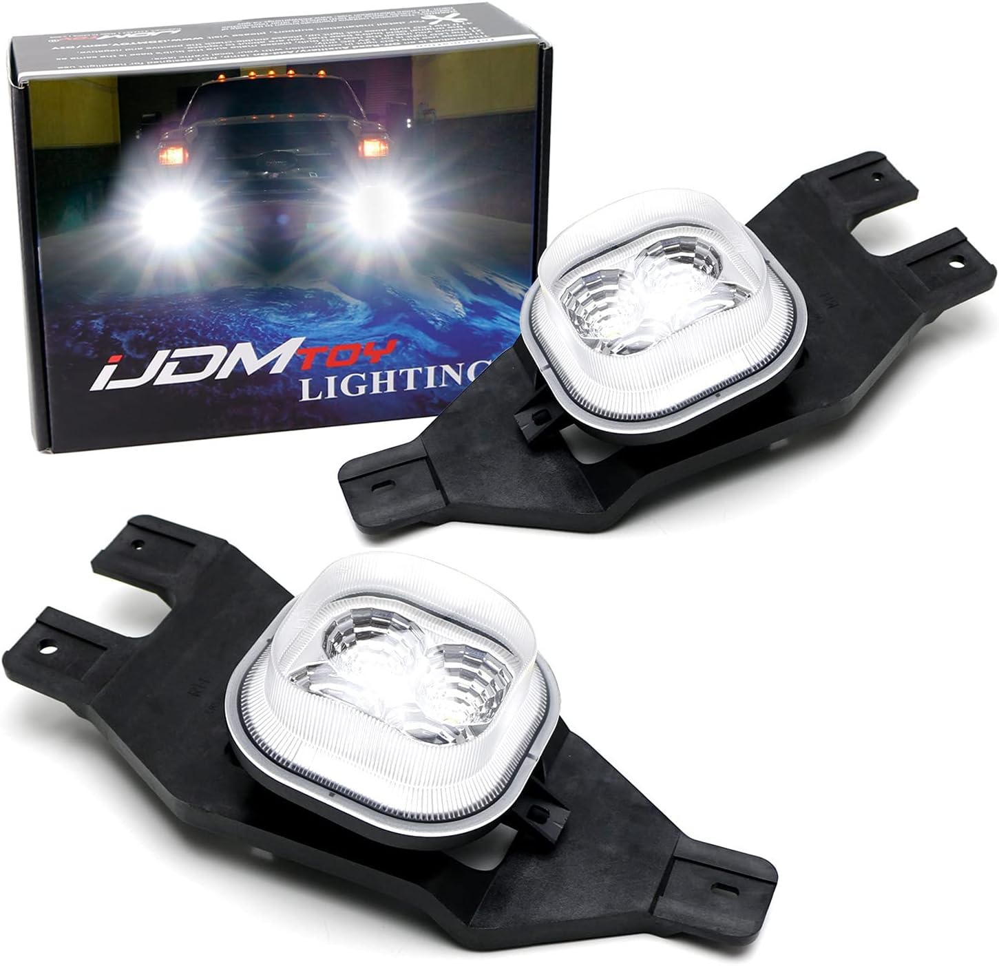 iJDMTOY Clear Lens High Power Full 2x2 LED Fog Light Kit Compatible with Ford 1999-2004 F250, 2001-2004 F350 F450 & Excursion, 40W LED Fog Lamp Assemblies, Foglight Bezels, Relay Wiring On/Off Switch