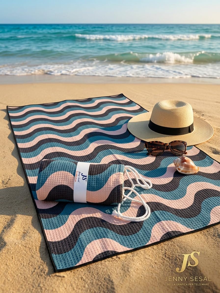 Jenny Sesal Telo Mare Microfibra Grande 90x170 cm con Borsa Regalo - Antisabbia, Asciugatura Rapida e Assorbente - Leggero, Compatto Salvaspazio - Per Spiaggia, Piscina, Palestra e Viaggio - Onde Blu