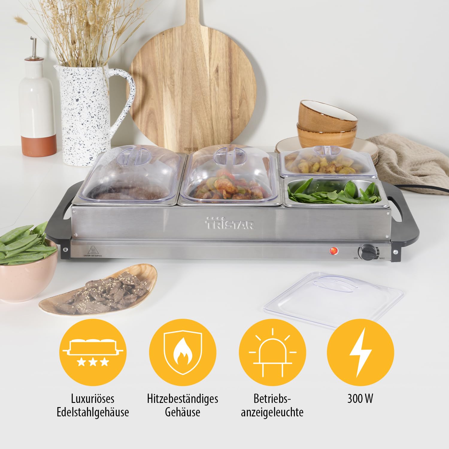 Tristar Edelstahl Buffetwärmer für Partys & Buffets, 300 W, Einstellbares Thermostat, 4 Warmhaltebehälter mit Deckel, Heizplattenfunktion, Warmhaltefunktion, Silber, BP-6285 |