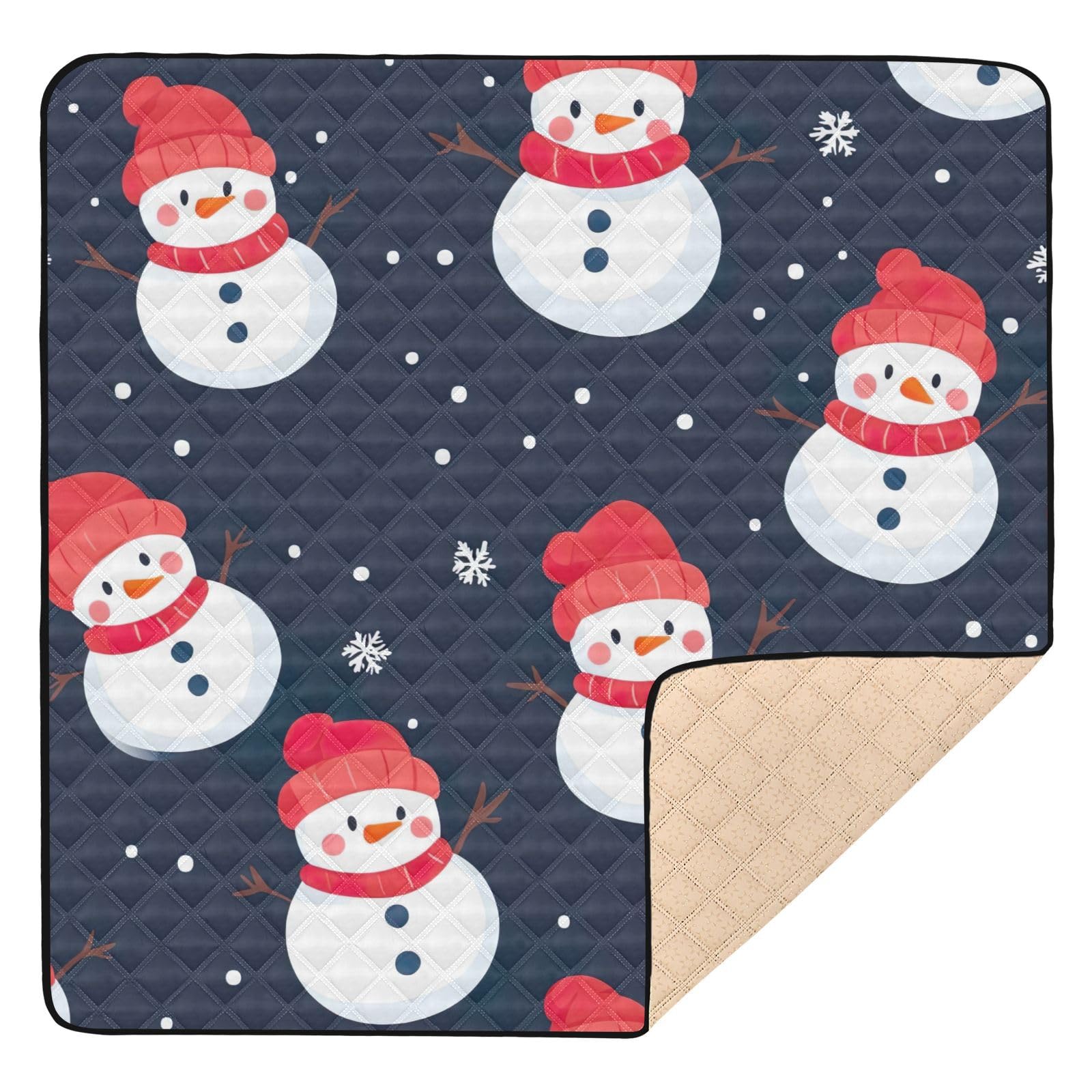 BOESI Doodle Cute Snowman Pattern Baby Play Mat, 50“ X 50” Washable Folding Crawling Mat, Baby Floor Mat, Soft, Thick, Non-Slip