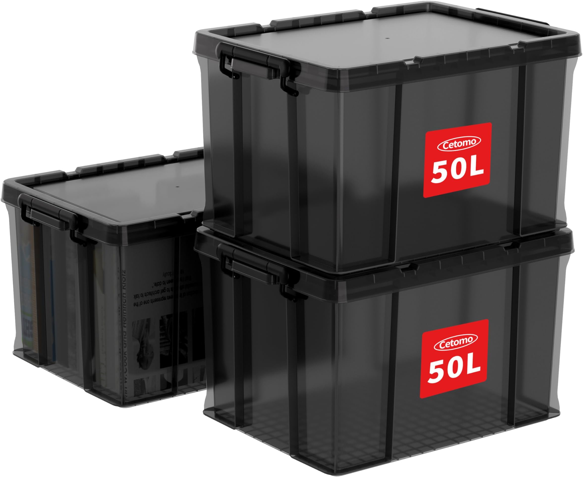 Cetomo 50L*3 Heavy-Duty Storage Boxes, Plastic Stackable Storage Box with Lids, Storage Bins with Reinforced Corners, Vertical Sides and Clip Closure, Durable, Sturdy, Transparent Black, 50L-3Pack