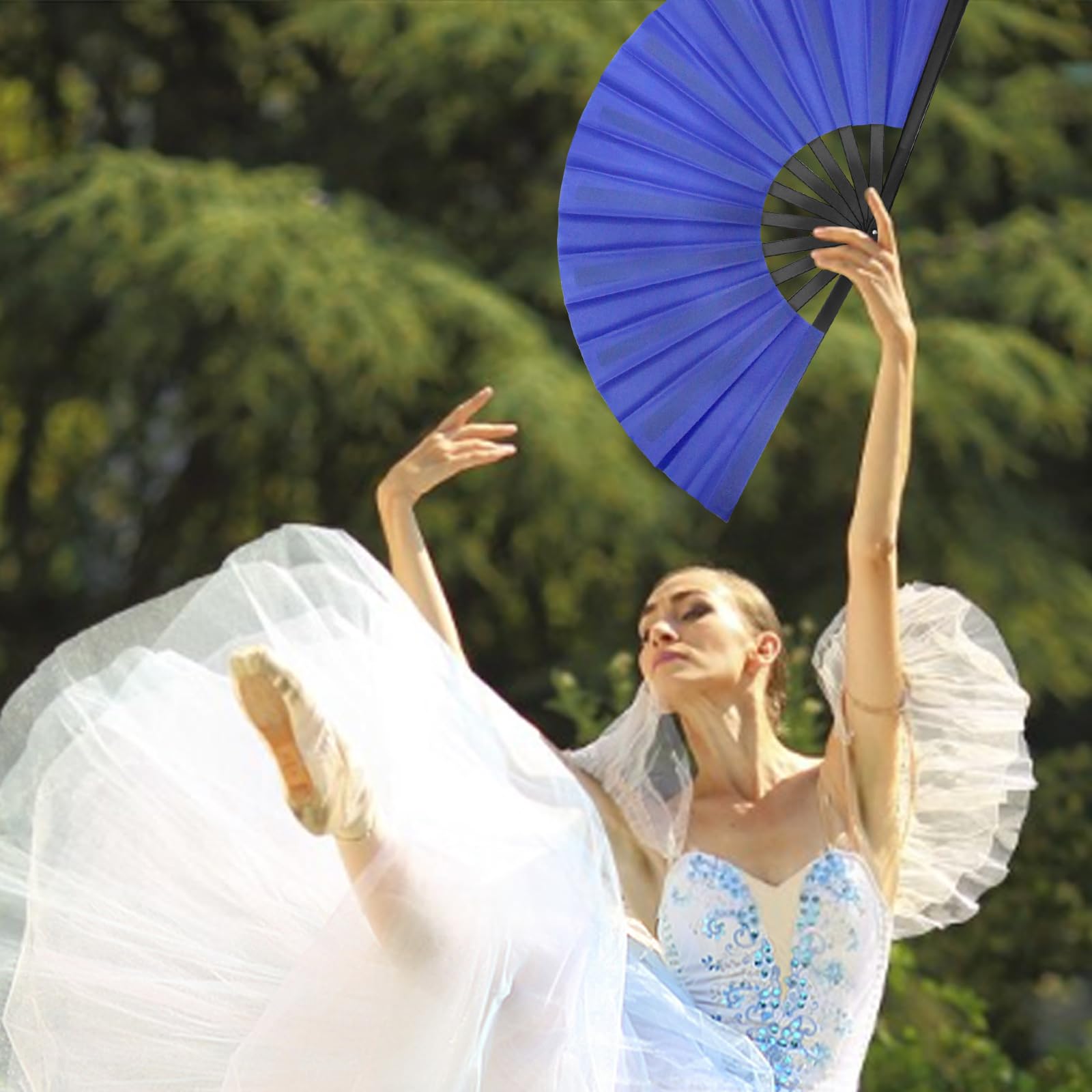 Abanico de mano plegable HINGTAI para baile, claqué, estilo clásico, tela china, varillas de bambú, azul