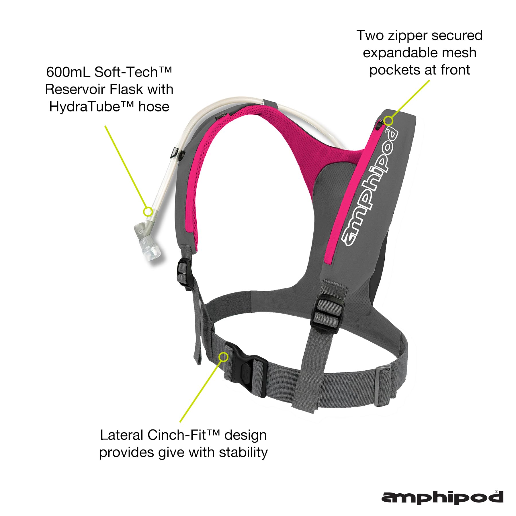 Amphipod PureRun Ultraleichte Trinkweste mit 600 ml Reservoir/Blase für Ausdauertraining, 5K/10K Laufen, Joggen Zubehör, Männer & Frauen - Bella - OSFM