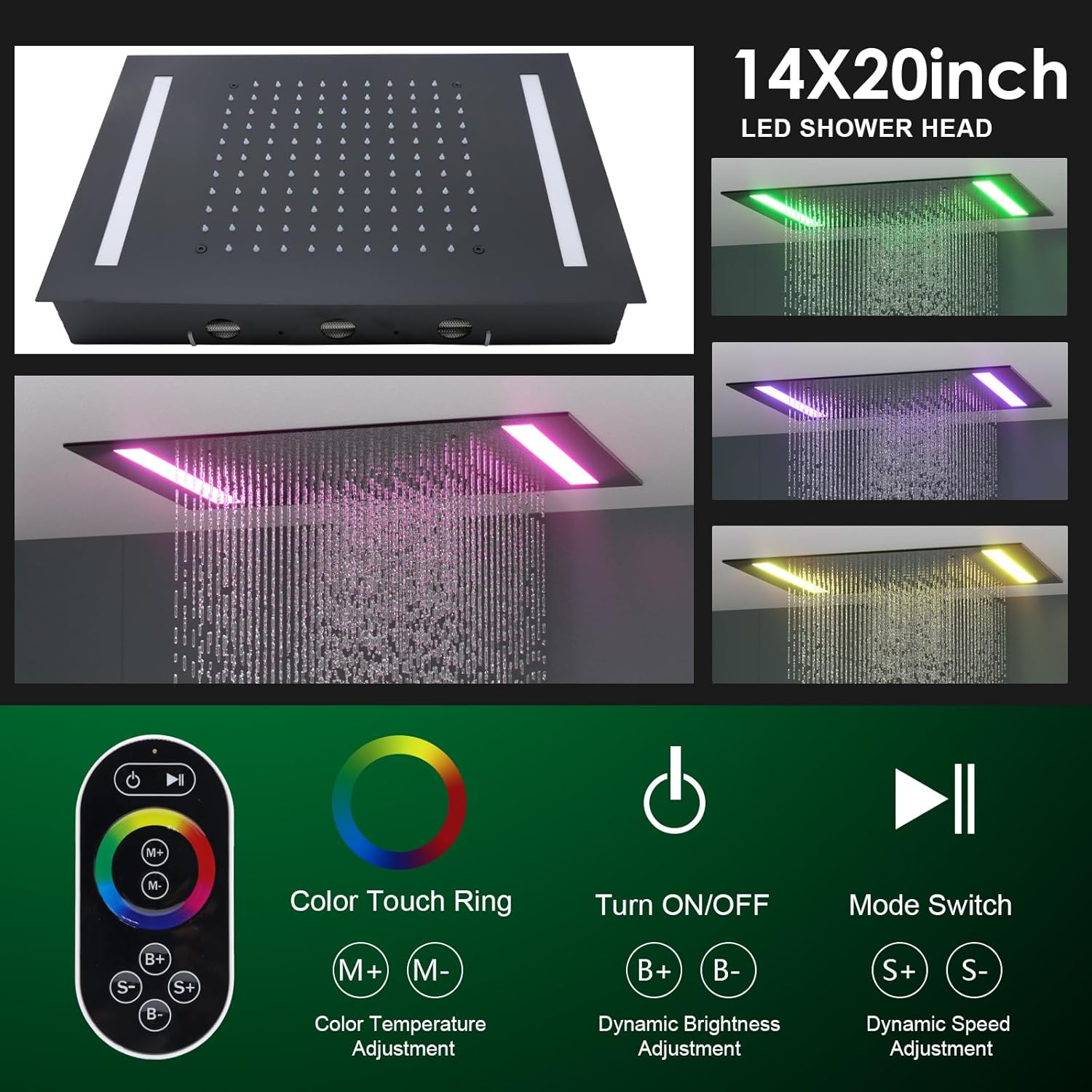 HOMEDEC 14x20inch LED Rainfall Shower System with 6" Wall Mounted Shower Head, 4 Way Thermostatic Diverter Valve, Body Sprays and Handheld, Black