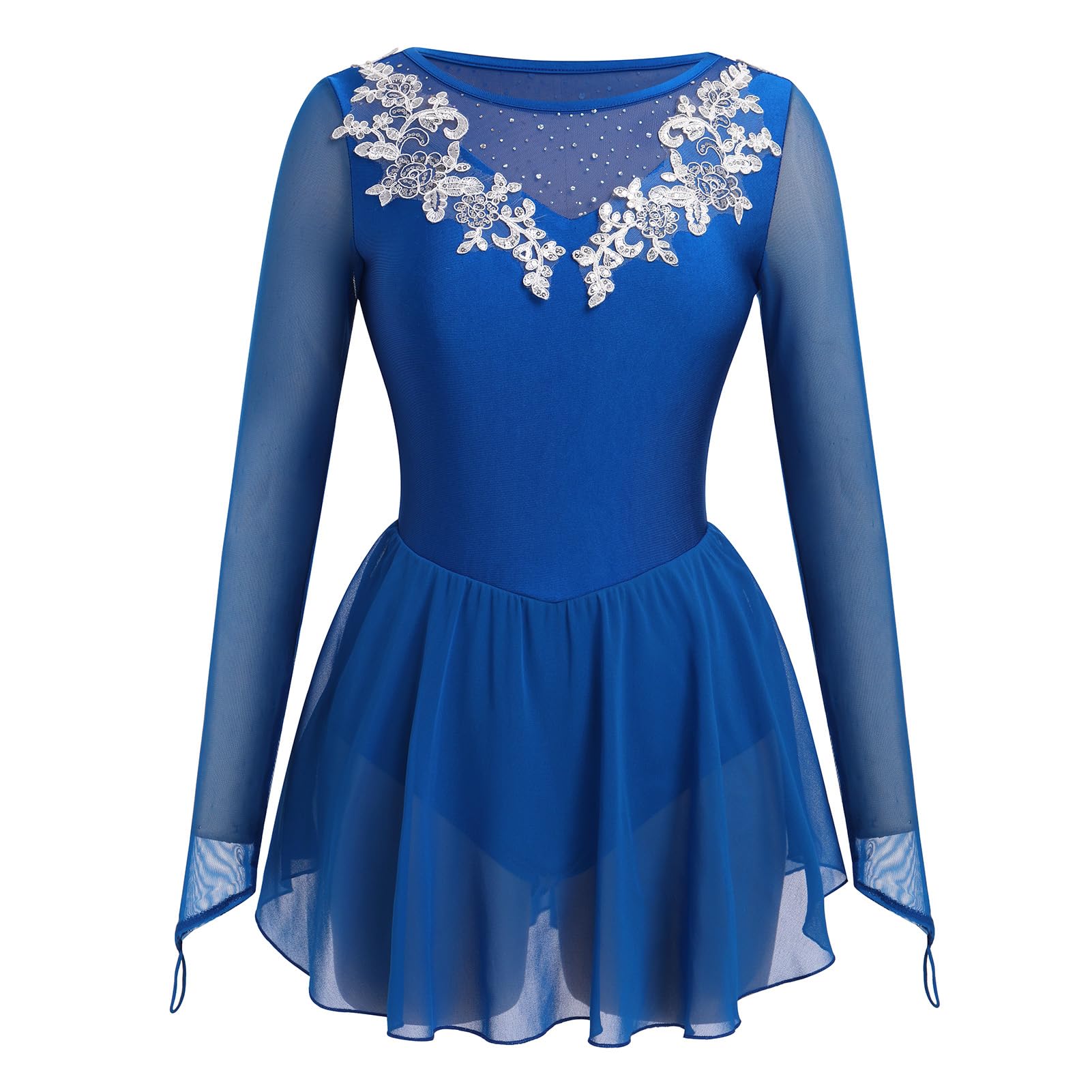 Odasod Eiskunstlaufkleid für Damen, Strass-Stickerei, Netzstoff, langärmelig, Gymnastikanzug, Wettkampf, Übung