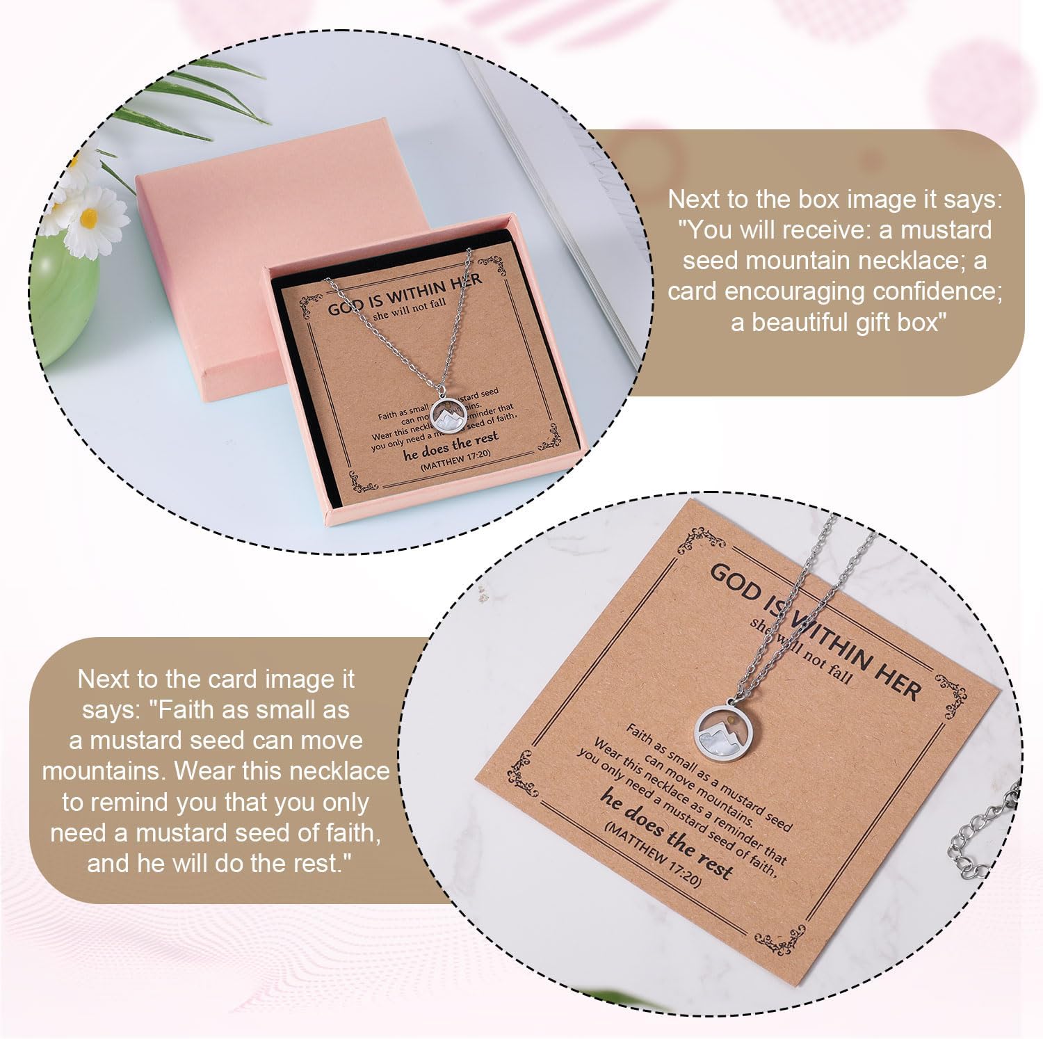 Silver Mountain Pendant Necklace, Christian Encourage Necklace Mustard Seed Faith Necklace Charm Inspirational Jewelry Religious Jesus Gifts for Graduation Birthday for Women for Baptism - Image 7