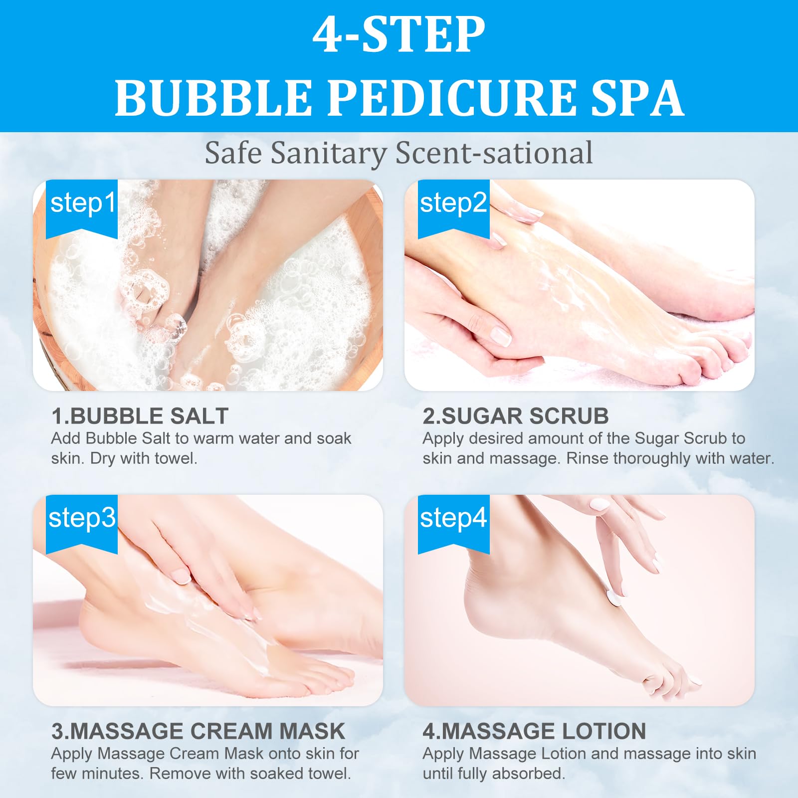 Pedicure Kit Foot Soak Set: Bubble Salt, Sugar Scrub, Massage Mask, Massage Lotion in a Box, 4 Step Foot Spa Kit for Dry Feet,Tired Feet(3 Set Tropical Fruit): 3 set Pacific Waves