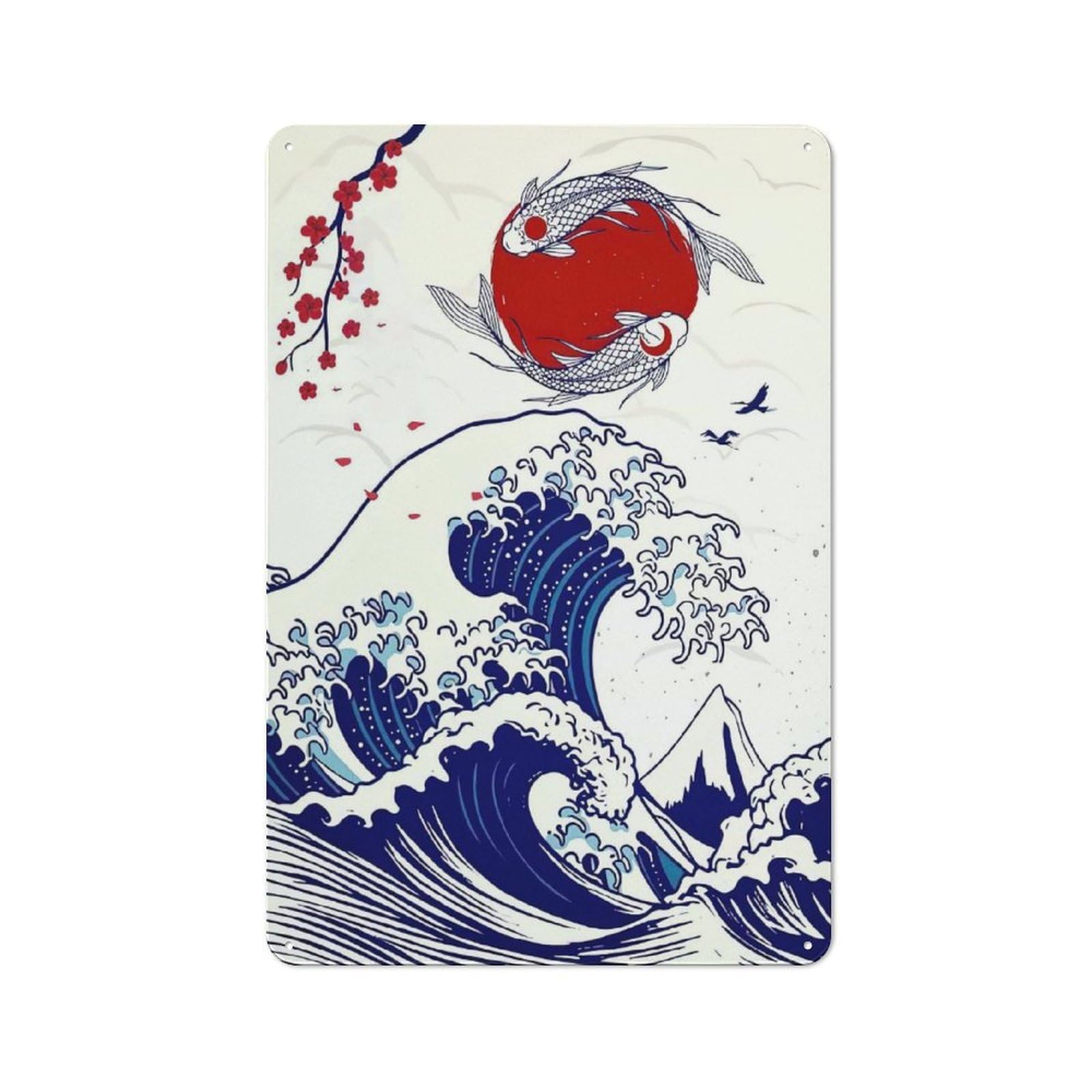 Junmoney Japanese Koi Wave Sun Vintage Tin Sign 30X20cm With For Home Office Or Studio, For Home Office Decor Fans