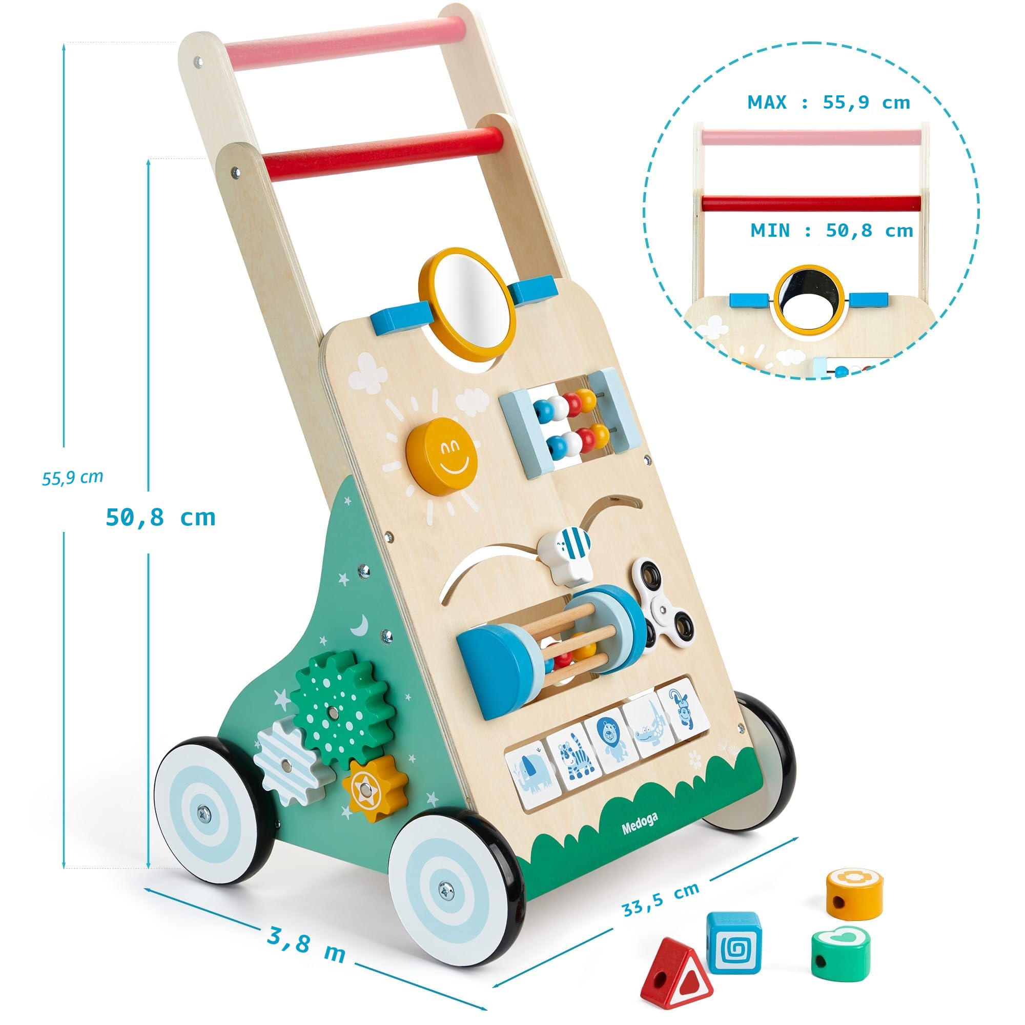 Trotteur en bois 10 en 1 Utilisez-le comme chariot de marche pour bébé Avec roues en caoutchouc et centre d’activité Aide à la marche Jouet pour garçons et filles
