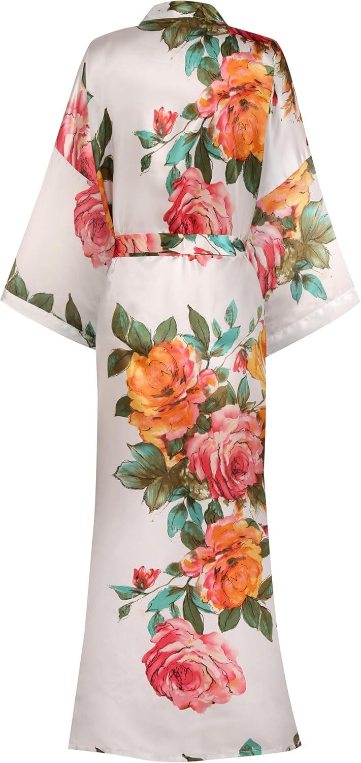 Mignon Cromwell Womens Silk Kimono Robe Long Floral Bridesmaids Robe Satin Wedding Party Bridal Robe Dressing Gown Loungewear - Image 2
