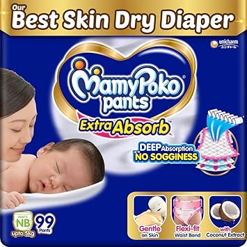 MamyPoko Pants Extra Absorb Baby Diapers, New Born/X-Small | 0-5 kg | 99 Count |Deep Sleep Diapers| Soft Gentle fit |Deep Absorbent Crisscross | Skin Friendly with Coconut Oil |