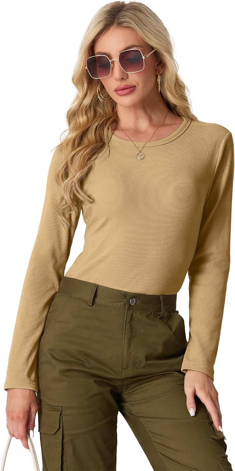 IWOLLENCE Womens Ribbed Long Sleeve Crewneck Casual Slim Basic Shirts Fitted Knit Tops - Image 5