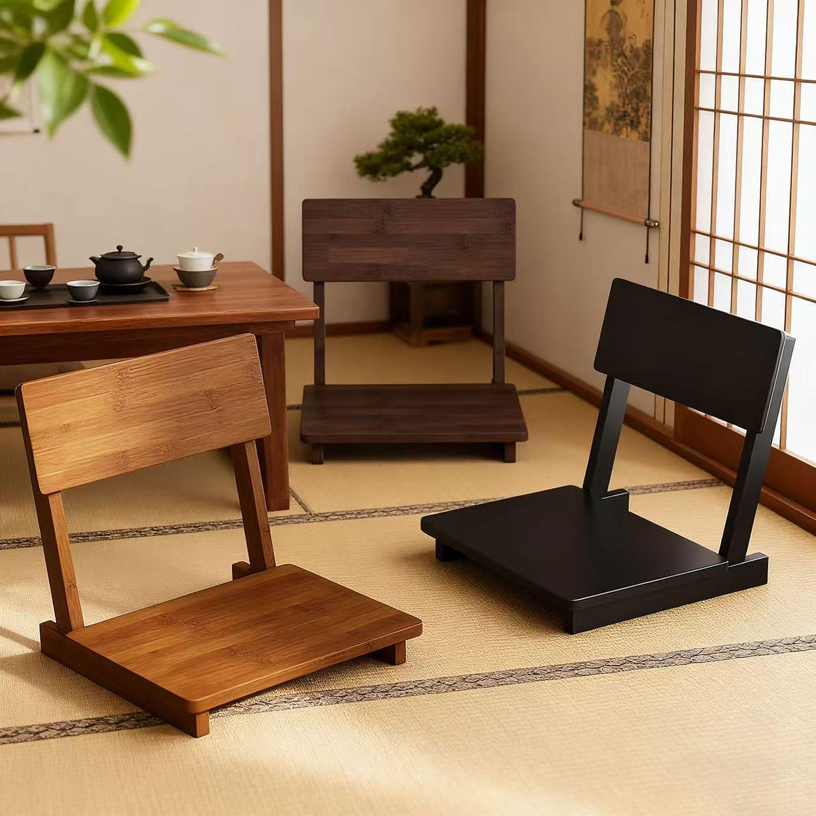 Japanischer Tatami-Stuhl,Bambus Bodenstuhl FüR Wohnzimmer,Tatami Meditationsstuhl Im Japanischen Stil,Japanischer Beinloser Bodenstuhl,Stuhlrückenstütze,für Erkerfenster,Teestube,Gaming