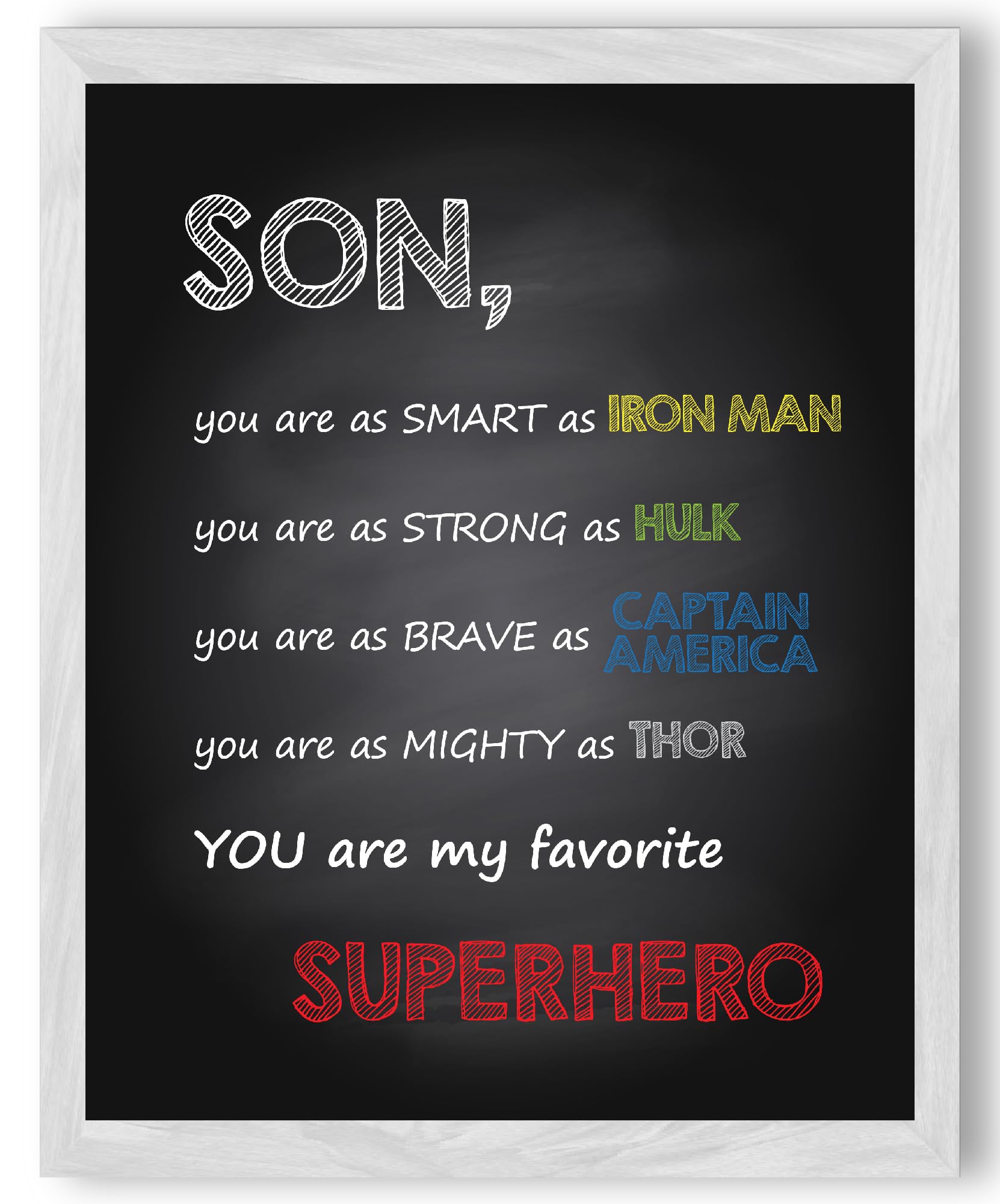 Inspirational Son Wall Art Print – 8x10 Unframed Chalkboard Style Quote Poster – Uplifting Gift from Parents to Boys – Motivational Décor for Bedroom, Nursery, or Playroom – You Are My Favorite Hero