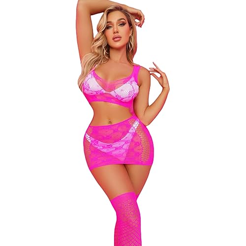 WDIRARA Women's 3 Pieces Mesh Cut Out Bralette and Skirt Sheer Lingerie Set with Stockings