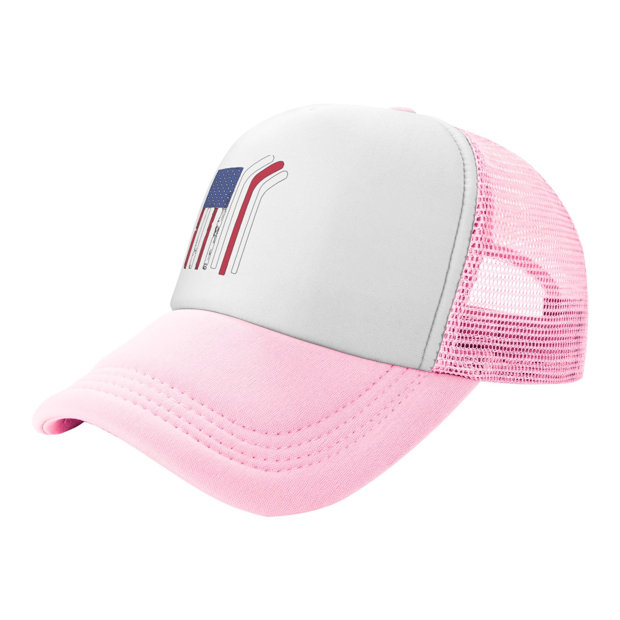 American Flag Made with Hockey Sticks Lightweight Mesh Baseball Hat Fishing Sun Cap Outdoor Casual Cap Pink