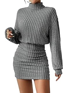 Women's Pullover Sweater Dress Long Lantern Sleeve Turtle Neck Cute Ribbed Knit Bodycon Mini Short Dress 2024 Fall - Buy now