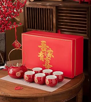 Chinese Kung Fu Tea Set Teapot Double Happiness Porcelain Red Wedding Tea Set Teapot, Chinese Traditional Wedding Decoration Supplies, Creative Ceramics Tea Service Set