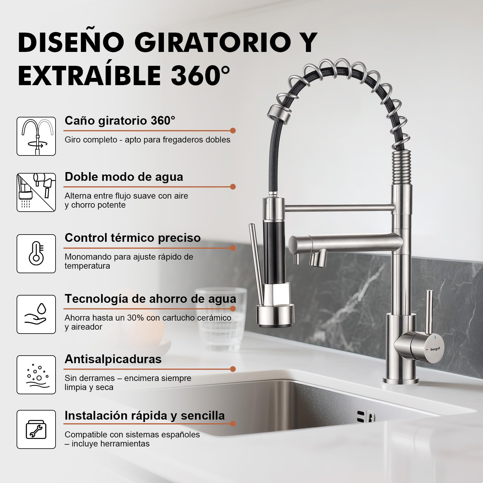 Ibergrif Grifo Profesional Cocina con Ducha Extraíble, Mezclador de Fregadero, Acero Inoxidable