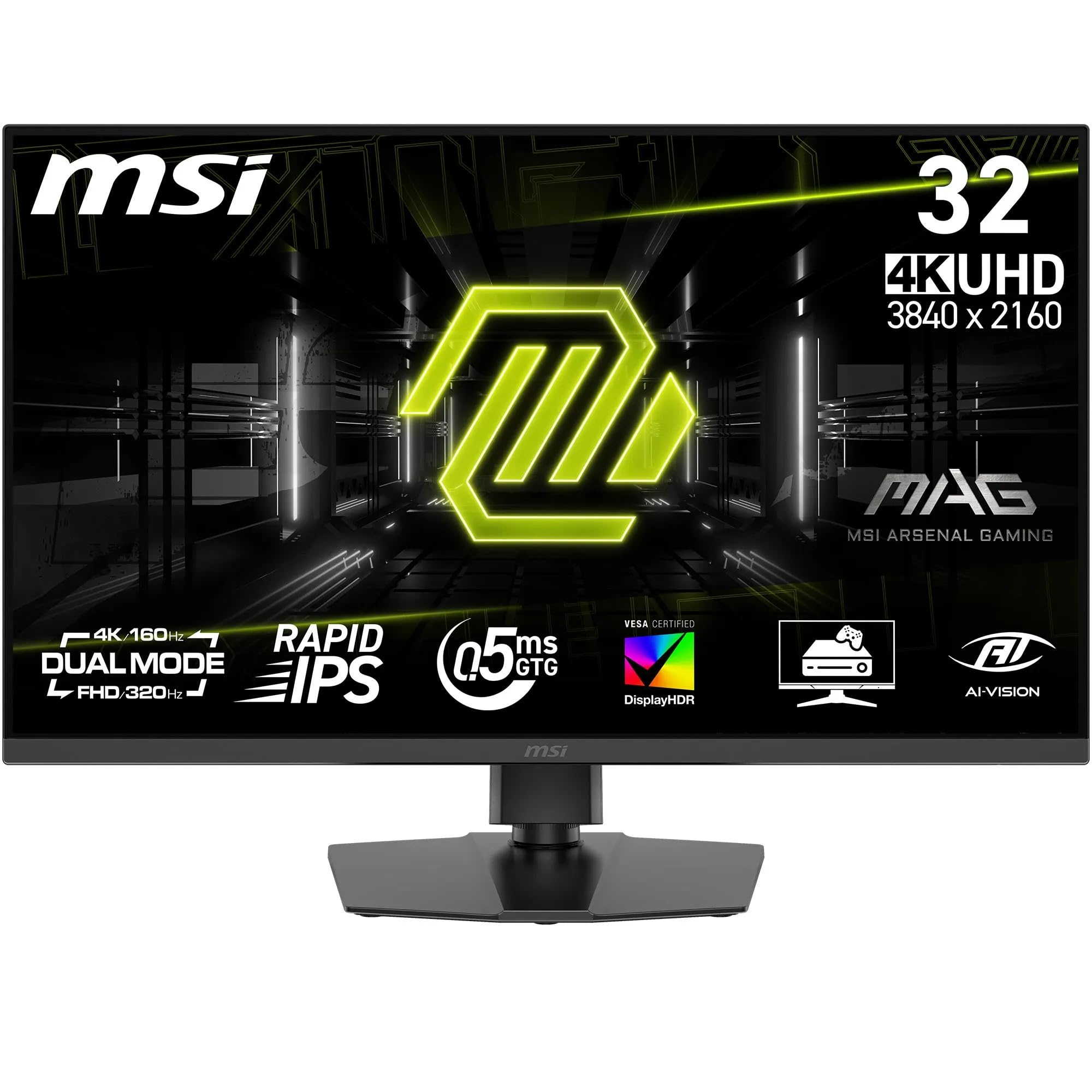 MSI MAG 322URDF E16 Monitor Gaming 32" 4K UHD 3840x2160 Rapid IPS 0,5ms DisplayHDR 400 Protezione Occhi AI Vision Dual-Mode HDMI 2.1 DP 1.4a Supporto Regolabile Inclinazione/Altezza - Nero
