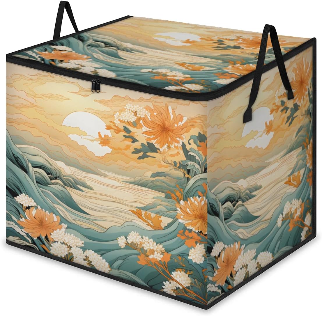 Honeybaby 214L Extra Large Comforter Storage Bag Chrysanthemum Sunrise Storage Totes with Lids Waterproof Closet Organizer Folding Blanket Storage Bags for Clothes Bedding Pillows