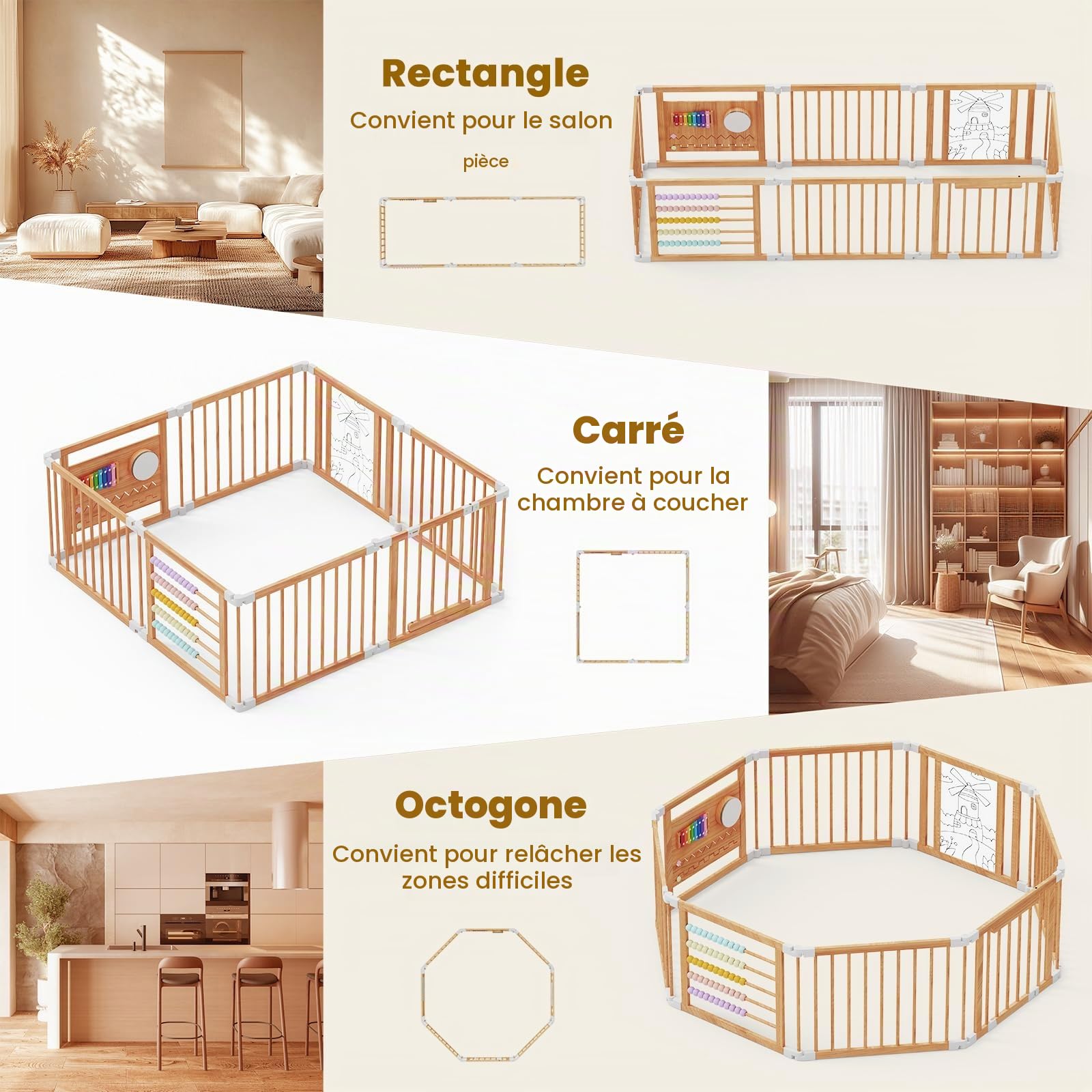 Meublaty Parc Bébé Pliable en Bois 160x160x61cm, Enfant, de Jeux -8 pièces | Modulable et ajustable, Aire de jeu pliable, Enclos de sécurité, Usage intérieur