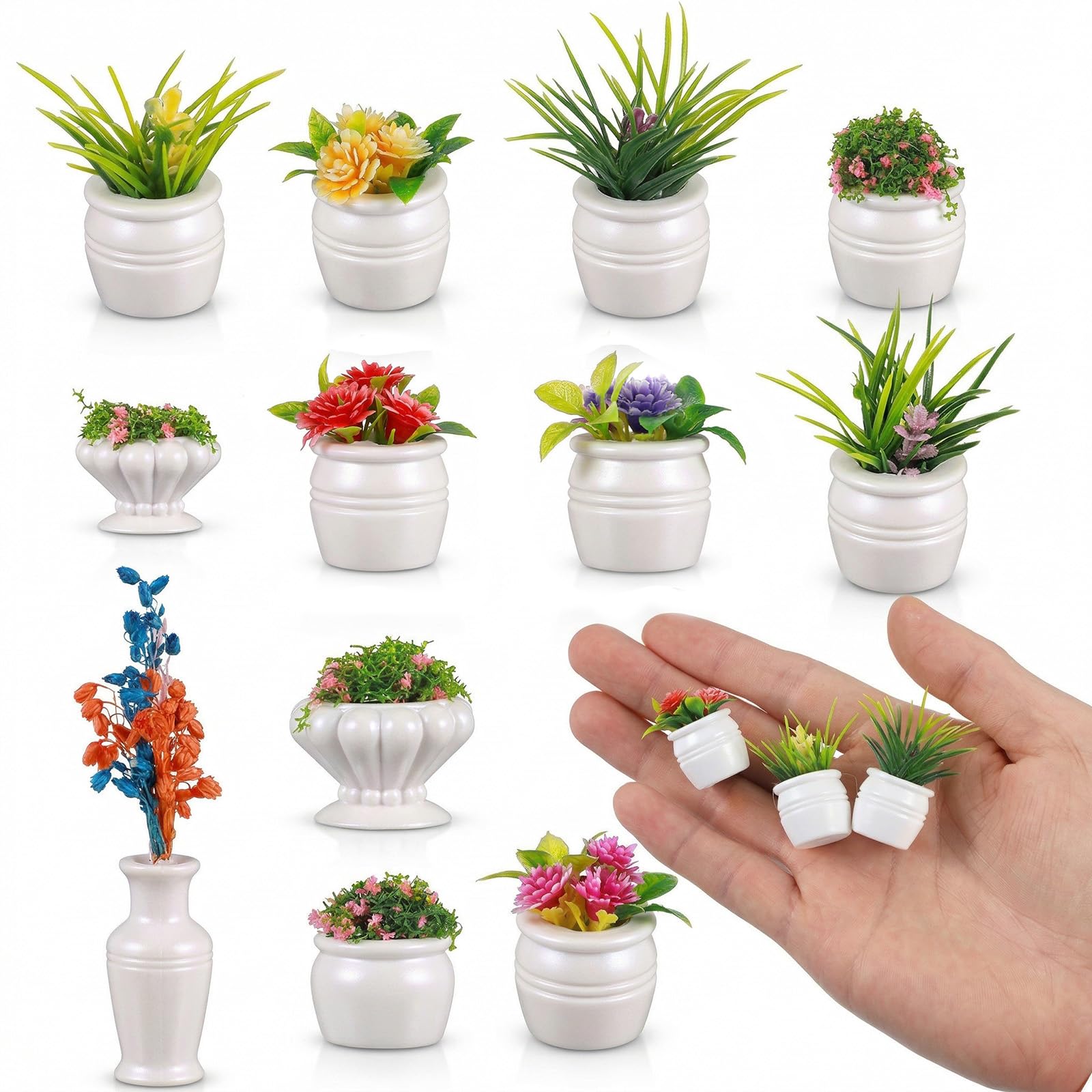 12 Pieces Miniature Dollhouse Plant Flowers Mini Potted Plants Faux Flower Model Artificial Tiny Greenery Decorations for Micro Landscape, Bonsai Ornament, Dollhouse Accessories