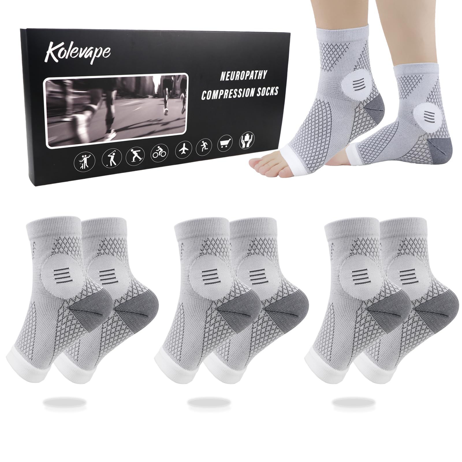 KOLEVAPE 3 Pairs Neuropathy Socks for Women & Men,Nano Comprex Ankle Sleeves Protection Elastic Socks